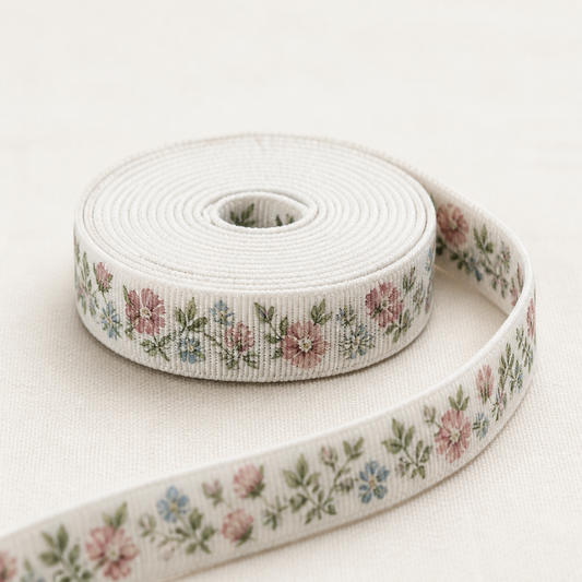 13 mm floral printed elastic used as a decorative lingerie and kidswear trim
