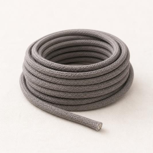 Ash grey round braided cord coiled on fabric
