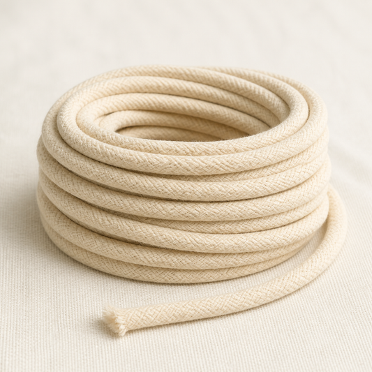 Natural cotton cord coiled on fabric